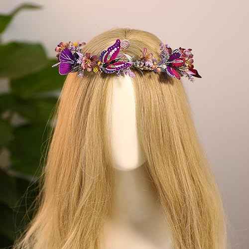 MOSTORY Handmade Purple Butterfly Flower Crown - Fairy Headband Floral Elf Crown Woodland Circlet for Women Girls Renaissance Halloween Festival Cosplay Party Photo Shoot