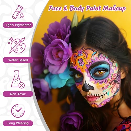 16 Color Face Paint Set - Water Based Washable Makeup with Brushes