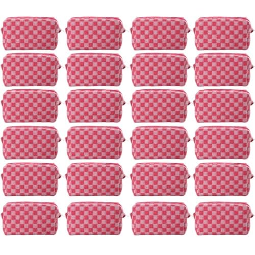 24 PACK Checkered Makeup Bags Bulk-Easter Gifts/Bulk Cosmetic Bags/Large Bridesmaid Gifts/Makeup Pouch for Wedding Party Favors Birthday/Teacher/Mothers Day Gifts/Toiletry Travel Bags(Pink)