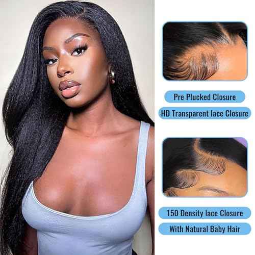 Kinky Straight 2x6 HD Lace Frontal Closure 12A Brazilian Raw Virgin Yaki Kinky Straight Human Hair Closure Natural Hairline Pre Plucked 16 Inch