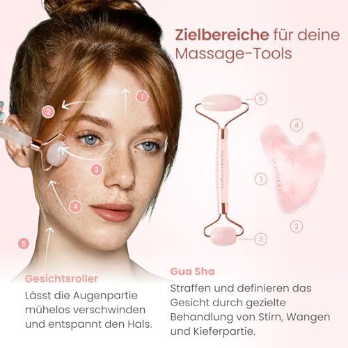 PLANTIFIQUE Rose Quartz Face Roller with Rose Quartz Gua Sha Set and Gold Under Eye Patches for Puffy Eyes and Dark Circles 20 Pairs Under Eye Masks for Dark Circles and Puffiness Eye