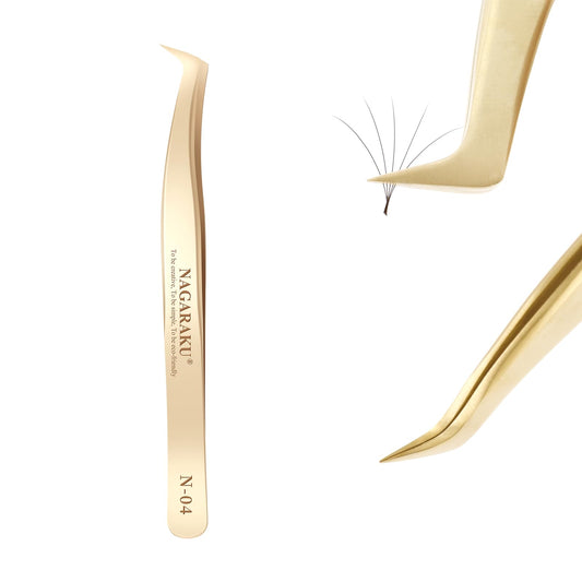 NAGARAKU Tweezers for Eyelash Extensions Gold Curved Angled Volume Cluster Eyelashes easy Fanning Premade Fans Tweezers Stainless Steel Precision Light （N-04）