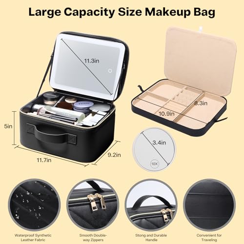 Travel Makeup Bag with LED Mirror & 10X Magnifying - Large Cosmetic Organizer