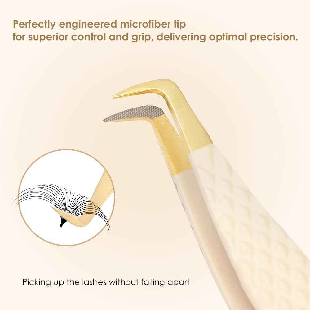 Beeutemaker Beige Fiber Tip Lash Tweezers for Eyelash Extensions – F Shape for Isolation, Professional Precision Tweezers for Lash Technicians