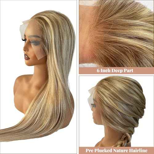 Belaved 24 Inch Highlight Ombre Medium Brown Lace Front Wigs Human Hair Mix Blonde 13x6 Long Straight Balayage Blonde with Brown Roots 180% Density HD Lace Frontal Wig for Women Pre Plucked 8B60A