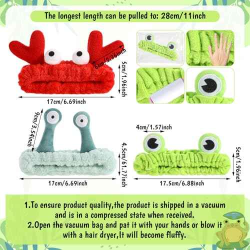 3Pcs Face Wash Headband Cute, Soft Spa Headband for Washing Face, Coral Fleece Elastic Frog Crab Snail Head Band, Cartoon Makeup Headbands for Women, Fun Face Wash Headbands for Women Skincare Shower