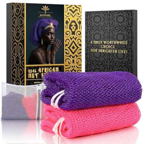 2-Piece African Net Sponge - Real Bath & Body Scrubber for Shower, Deep Cleansing for Sensitive Skin, Gentle Yet Effective for Dry/Acne Skin, Reusable Loofah Alternative (Pink & Purple)