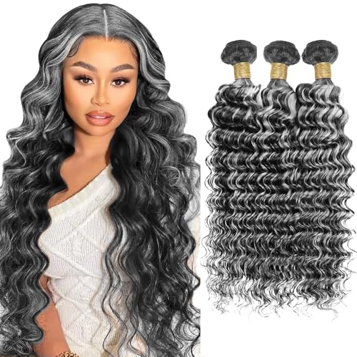 Fridnae 28-Inch Deep Wave Grey Human Hair Bundles - 3 Pack