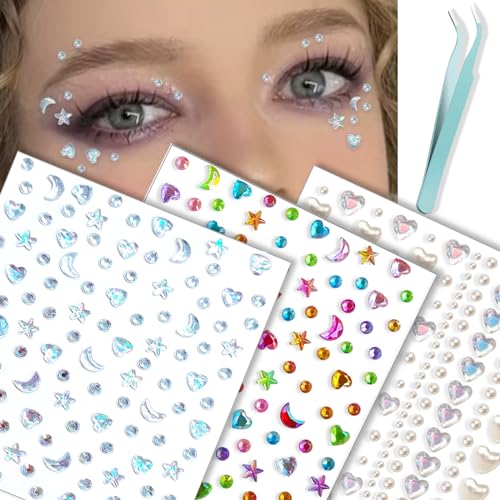 Self Adhesive Face Gems Stickers with Stars, Moons, Hearts - Rave Festival Makeup Accessories