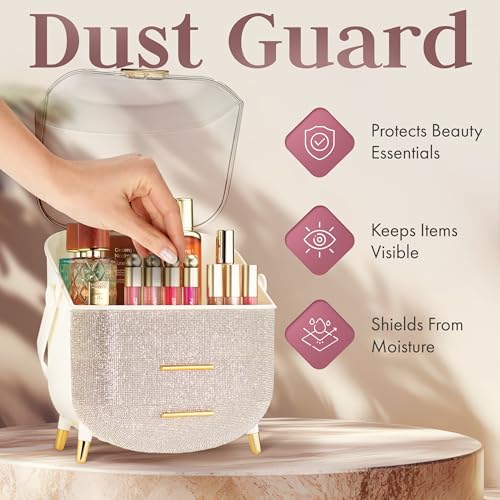 Covered Makeup Cosmetic Countertop - Large Cosmetic Organizer - Trendy Oval Shape Storage for Skin Care Organizer - Clear Lid, Storage Drawers, Carry Handle - Cute Stylish Decor Solution (Diamond)