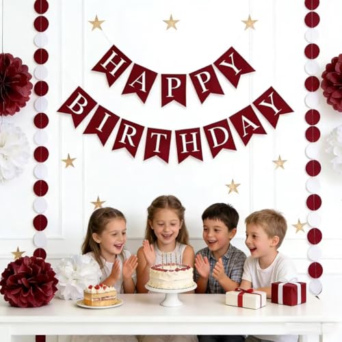 Burgundy Maroon Party Decorations Set - 8pcs Hanging Garland & Pom Poms