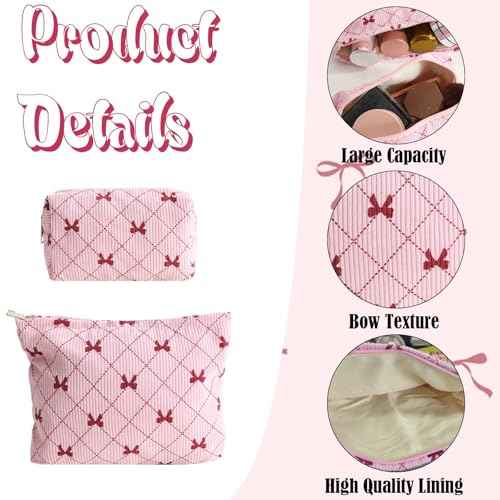 LYDZTION 2PCS Cute Corduroy Makeup Bag Set for Women, Small Travel Toiletry Bag, Coquette Cosmetic Pouch With Bow, Portable Versatile Zipper Pouch - Pink