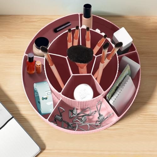 DASITON 360¡Æ Rotating Makeup Brush Holder Organizer,Large Capacity Makeup Organizer Countertop,11 Slots Makeup Brush Holder,Cosmetic Organizer,Cosmetic Display Cases for Vanity,Desktop,Bathroom(Pink)