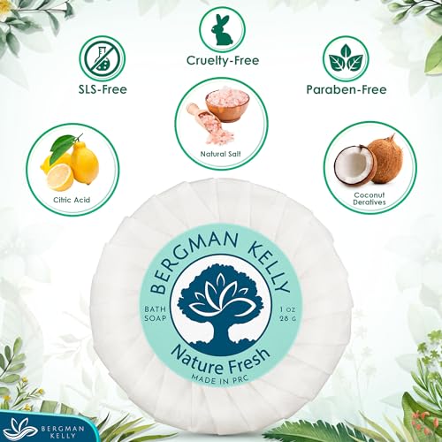 BERGMAN KELLY - Hotel Soap Bars - Nature Fresh, 1 oz, 100 PK - Travel Size Luxury Bulk Amenities Bar Soap - Mini Individually Wrapped Round Soap - Small Toiletries for Airbnb, Motel, Guest Bathroom