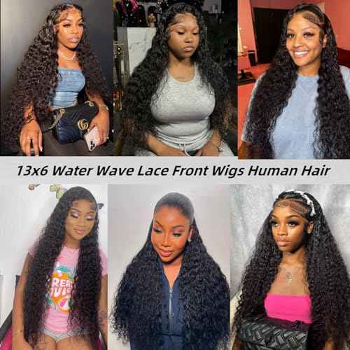 Caijuxing 34 Inch Water Wave Lace Front Wigs Human Hair 200 Density 13x6 HD Lace Front Wigs for Women Pre Plucked Glueless Deep Curly Human Hair Wig Natural Black (34 Inch)