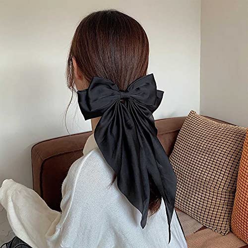 Andelaisi Vintage Silk Bow Hair Clips Black Bowknot Hair Barrettes Long Tail Silk Bow Hair Clip Barrette Large Bow Hair Accessories French Bowknot Clip Headpiece for Women and Girls Headdress (Black)