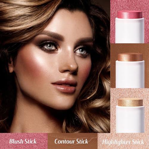 KIMUSE Face Sticks Trio - Blush, Contour & Highlighter Stick Set