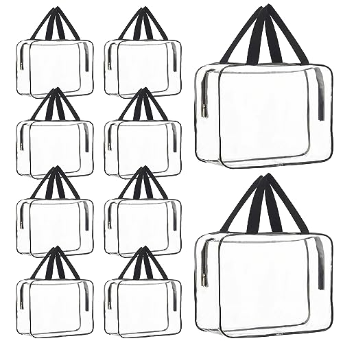 10 Pack 12 x 9 inch Large Clear Makeup Cosmetic Organizer Bag with Handle PVC Plastic Toiletry Pouches with Zipper Transparent Makeup Bag, Plastic Tote Bags for Beach, Traveling