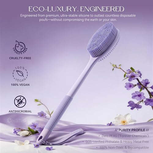 CORATED Silicone Back Scrubber with Long Handle, 2-in-1 Exfoliating Body Brush
