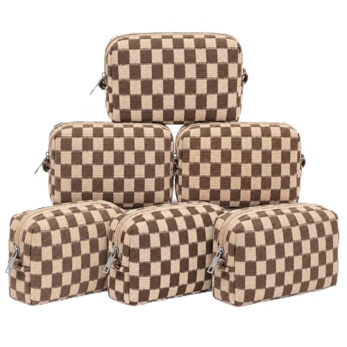 SOIDRAM Checkered Makeup Bag Preppy Cosmetic Bulk Brown Pouch