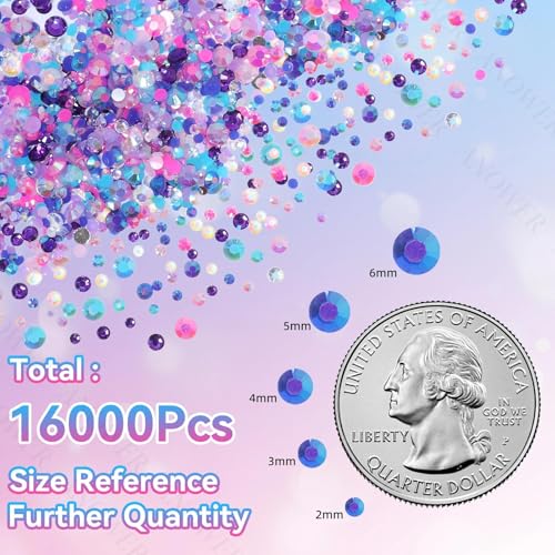 16000 Mixed Flatback Rhinestones Kit Pink Blue Purple 2-6mm