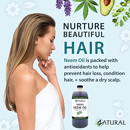 Zatural 100% Pure Neem Oil - Undiluted, Cold-Pressed, For Hair, Skin, and Nails, 32 oz