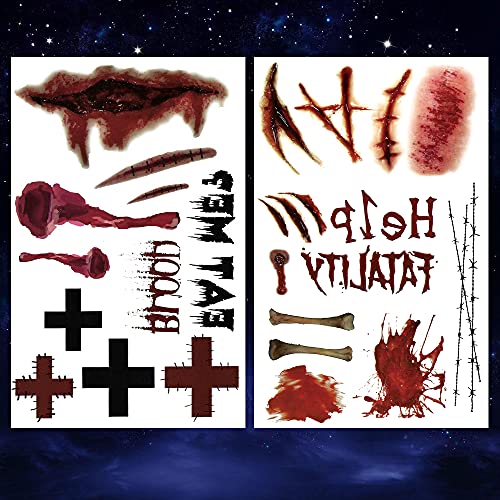 6 Sheets Halloween Realistic Scar Waterproof Temporary Tattoo Stickers Eyeball Wound Blood Bone Hand Scratch Cover