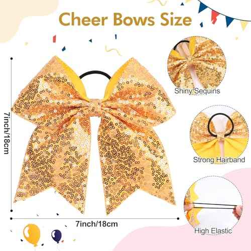 CN 7" Glitter Cheer Hair Bows for Cheerleader Gold Large Ponytail Holder Elastic Band Handmade for Cheerleading Teen Women Girls College Sports 1pcs