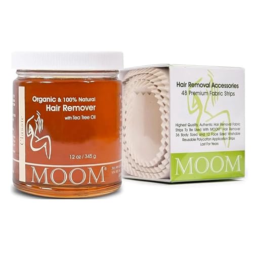 MOOM Organic Sugar Wax with Tea Tree Oil (12 oz) + 48 Reusable Polycotton Waxing Strips ? Gentle Hair Removal Kit for Face, Bikini, Legs & Body ? Natural & Vegan for Women & Men (Sticks NOT Included)
