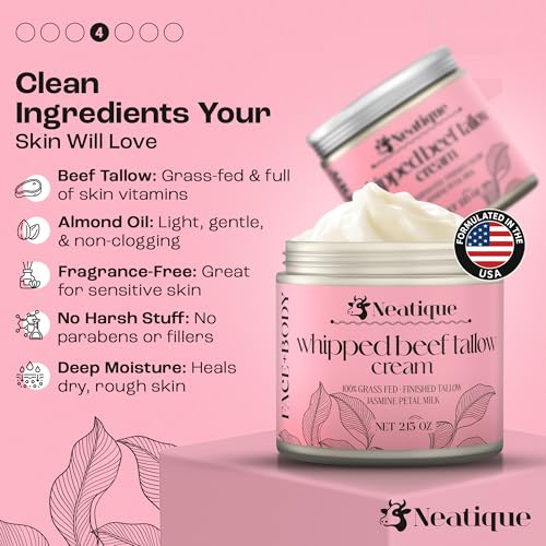 100% Grass Fed Beef Tallow for Skin Care Face & Body | Whipped Moisturizer for Skin | with Organic Beeswax & Organic Honey Balm | All Natural Formula, 2.13oz (2.13 Ounce, Jasmine)