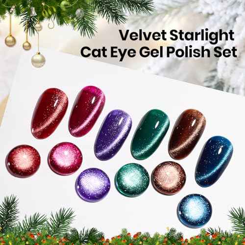 Beetles Velvet Starlight Cat Eye Gel Nail Polish Set, 6 Colors Christmas Gel Nail Kit Glitter Red Green Pink Shiny Brown Burgundy Purple Blue Magnetic Effect Soak Off UV Manicure Gifts for Women