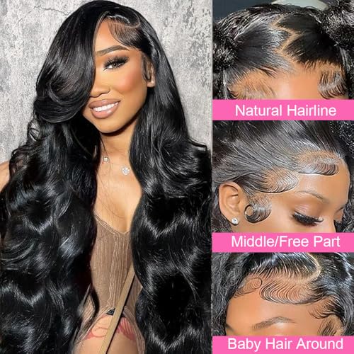 Black 30 Inch Body Wave Human Hair Wigs 13x6 Lace Front 180% Density