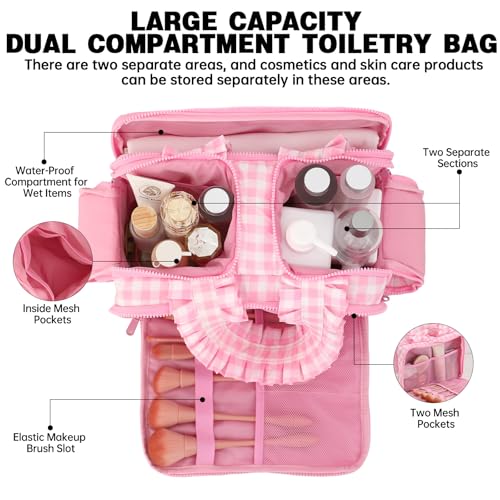 Travel Toiletry Bag for Women - Water-Resistant Gingham Makeup Organizer
