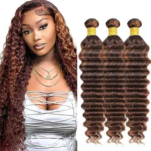 P430 Highlight Brown Bundles Human Hair Deep Wave Bundles 20 22 24 Inch Unprocessed Brazilian Virgin Remy Hair 3 Bundle Chocolate Deep Wave Human Hair Extensions 50 Gram Per Bundle