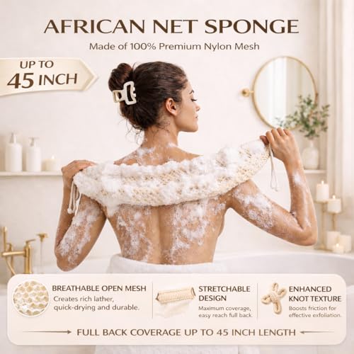 African Net Body Scrubber 3-Pack - Exfoliating Back & Body Sponge for Men Women, Black, Olive Green, Champagne Gold