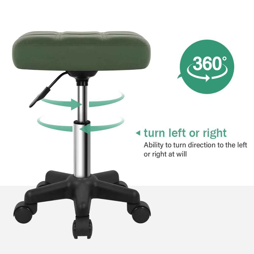 FURWOO Square Swivel Stool with Wheels PU Leather Rolling Stool Height Adjustable for Spa Salon Massage Green