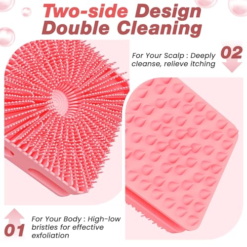 Manmihealth Dual-Sided Silicone Body Scrubber Scalp Massager & African Bath Sponge Net Set, 2-in-1 Silicone Shower Shampoo Brush Africa Wash Net Combination, Lather Well,Strong Exfoliating(Black+Pink)
