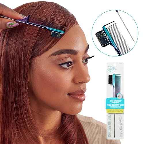 KISS Colors & Care 3-in-1 Edge Combrush, 100% Natural Boar Bristles, Edge Brush, Parting Comb, Side Comb & Pin Tail, Multifunctional Styling Tool with Ombre Chrome Finish