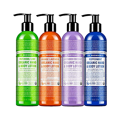 Dr. Bronner's - Organic Lotion (8 oz Variety Pack) Peppermint, Lavender Coconut, Orange Lavender, & Patchouli Lime - Body Lotion & Moisturizer, Organic, Soothing for Hands, Face & Body | 4 Count