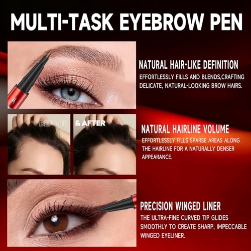Eyebrow Pencil for Women - Microblading Eyebrow Pen with Dual-Ended Design featuring 2-Fork Tip & Fine Single Brush-Tip, Waterproof, Creates Natural Hair-Like Strokes, Long-Lasting Light Brown