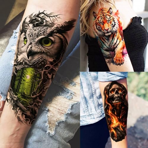72 Sheets Lion Skull Temporary Tattoos For Men Women, Halloween Half Arm Sleeve Tattoo Stickers Zeus Eagle Tiger Ship, Bulk 3D Watercolor Temp Gothic Waterproof Fake Tattoos Adults Flower Skeleton