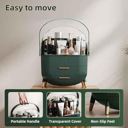 Makeup Organizers Countertop, Makeup organization for Vanity, Cosmetic Storage with Lid and Drawers, Skincare Display Cases with for Desktop, Bathroom (Green)