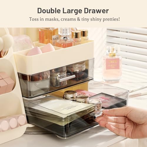 Aveniee Cream White Makeup Organizer with Drawers & Compartments, Vanity Storage for Cosmetics & Skincare
