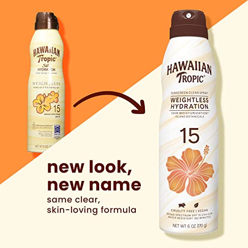 Hawaiian Tropic Weightless Hydration Clear Spray Sunscreen SPF 15, 6oz | Hawaiian Tropic Sunscreen SPF 15, Sunblock, Oxybenzone Free Sunscreen, Spray On Sunscreen, Body Sunscreen Spray, 6oz