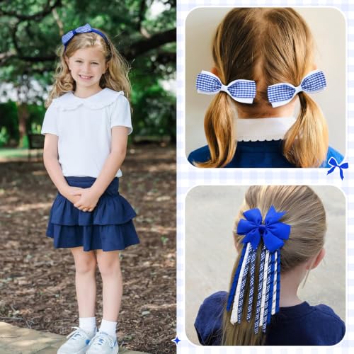 DEEKA 13-Piece Royal Blue Gingham Hair Accessories Set for Girls