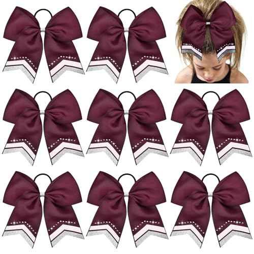 8PCS Glitter Cheer Bow Large Maroon Cheer Bows Rhinestones Hair Bows Girls 8"Cheerleading Bows Bulk Elastic Band Ponytail Holder for Teen Girls College Sports Competition