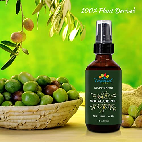 Tropical Holistic 100% Squalane Oil - Pure Plant Derived Vegan All Body Moisturizing Serum (4oz / 118mL) - Ideal Squalane Oil for Face, Body, Hair & Nails