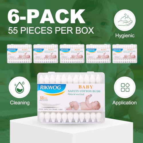 RIKWOG Baby Swabs 330 Count 6-Pack Large Safety Tip Organic Cotton with Paper Sticks