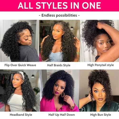 Kinky Curly Half Wig Human Hair 200% Density 3 In 1 Seamless Clip Ins Flip Over Half Wig Wear and Go Glueless Wigs Human Hair for Women Drawstring Headband Wig Beginner Friendly (Black, 18 Inch)