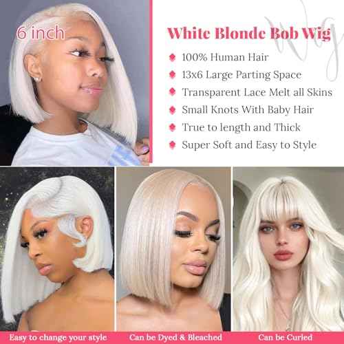Silver Grey White Platinum Blonde Bob Wigs 13x6 Lace Frontal Human Hair for Women 10 Inch Silky Straight White Blonde Blunt Cut Bob with Baby Hair Pre plucked HD Transparent Lace Frontal 180%